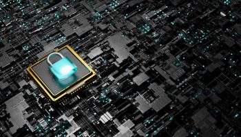 illuminated-padlock-microchip-motherboard Futuristic motherboard with a luminous padlock on a microchip and copy space. concept of network security, technology and blockchain. 3d rendering