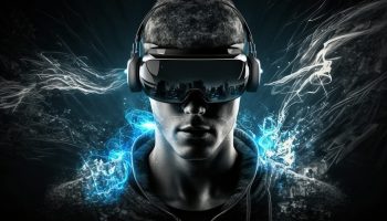 Man wearing a virtual reality glasses, created with generative A Man wearing a virtual reality glasses, futuristic concept, created with generative AI