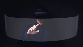 People wearing VR glasses with a screen People wearing VR glasses with a screen
